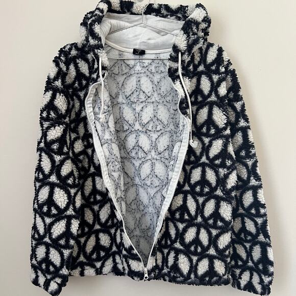 Pacsun Women's White & Black Peace Sign Print Full Zip Sherpa Hoodie Jacket S - Picture 4 of 10